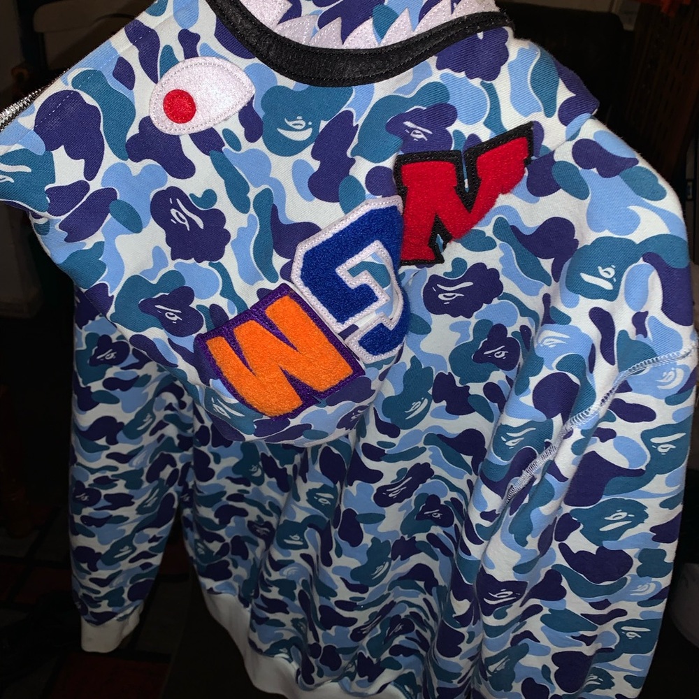 Bape Blue Camouflage Zip-Up Sweater with Colorful Patches